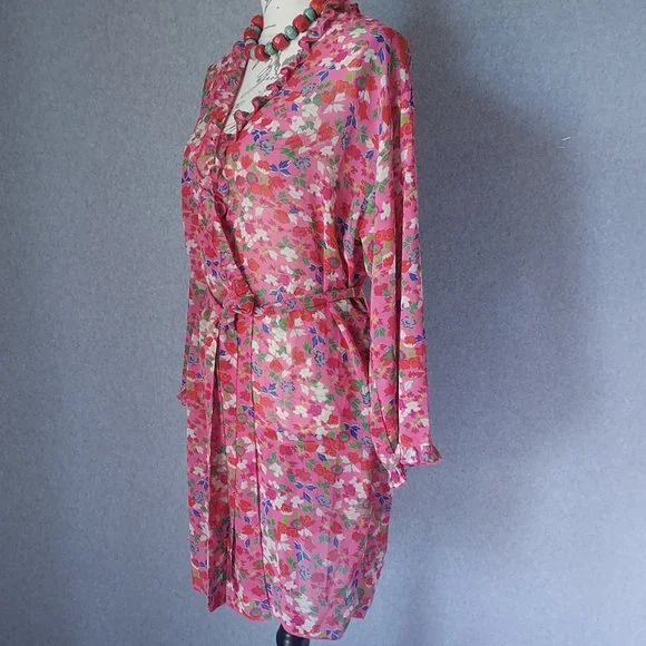 JOSIE Natori Chiffon Floral Ruffle Kimono Mini Robe Tie-Waist Pink Women Small - Picture 3 of 9